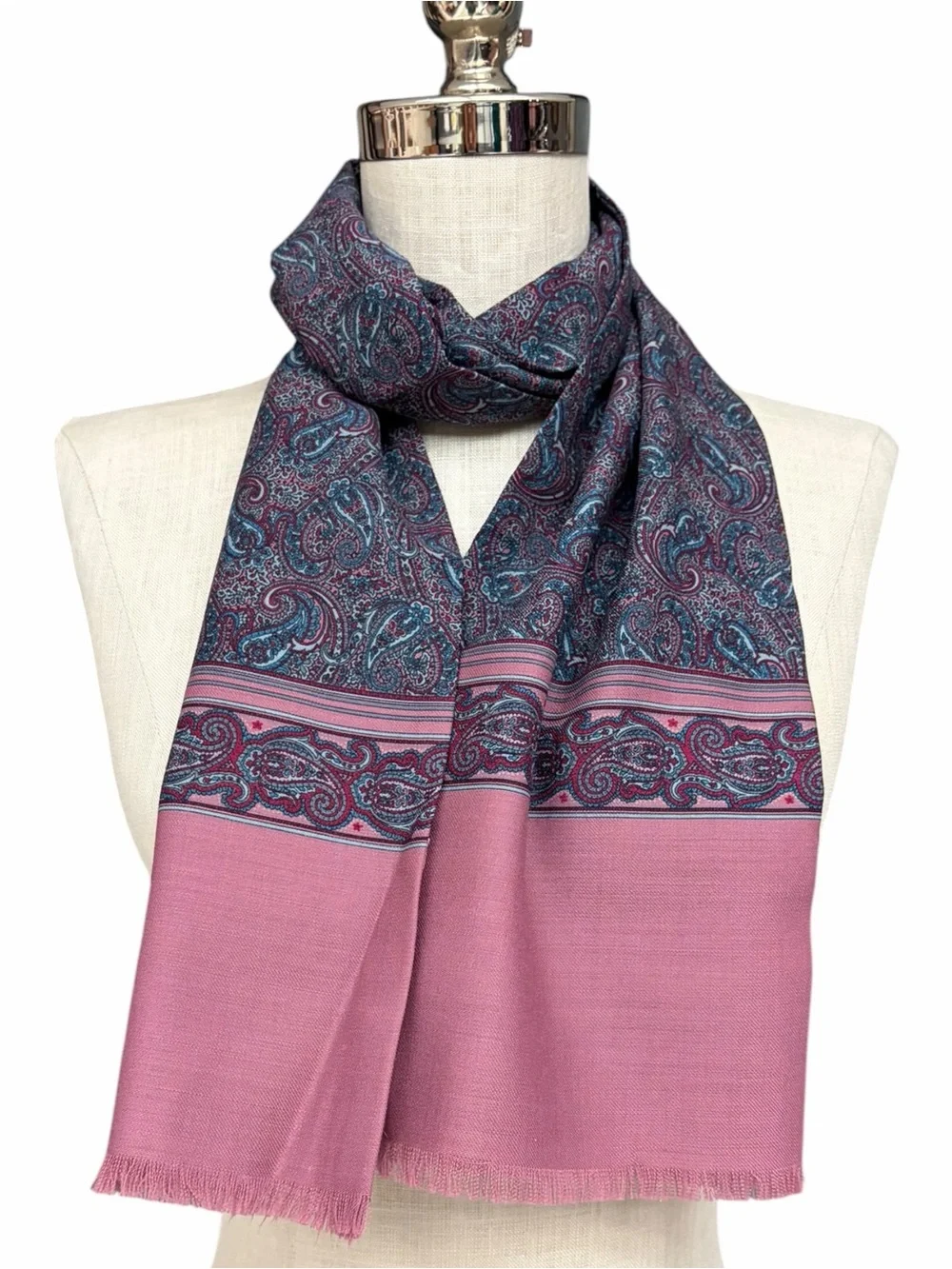 Vintage Wool Paisley Scarf Dusty Rose Blue Gray Fringe Wrap 100% Wool